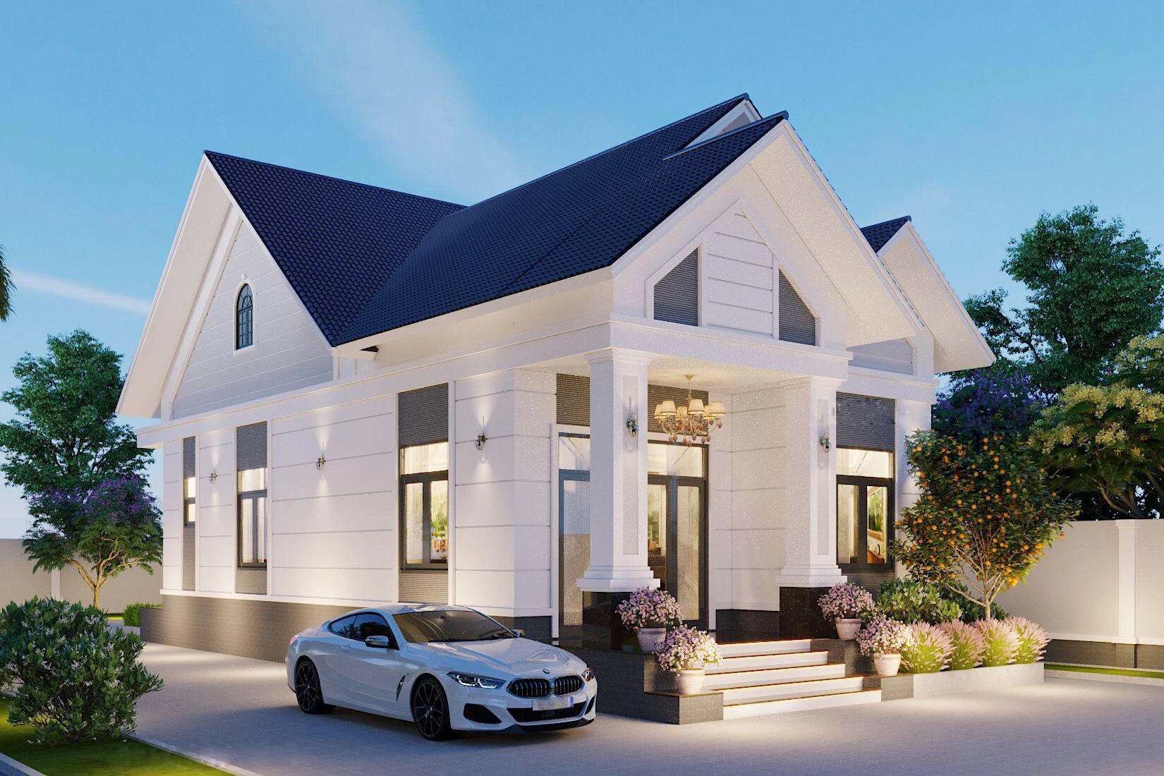 Mẫu nhà với tấm lợp mái màu xanh dương thời thượng