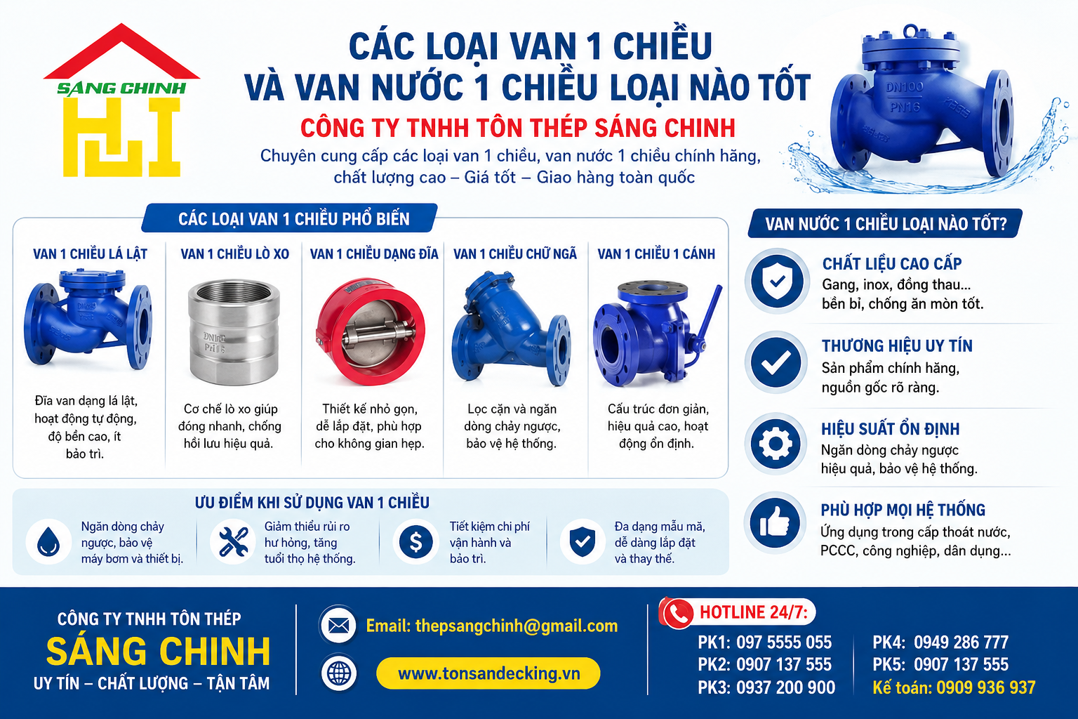 Các loại van 1 chiều và van nước 1 chiều loại nào tốt