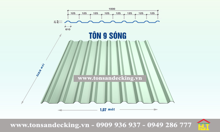 Kích thước tôn 9 sóng