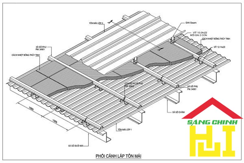 Phối cảnh thi công lắp dựng tôn mái 3 lớp sử dụng xà gồ phụ