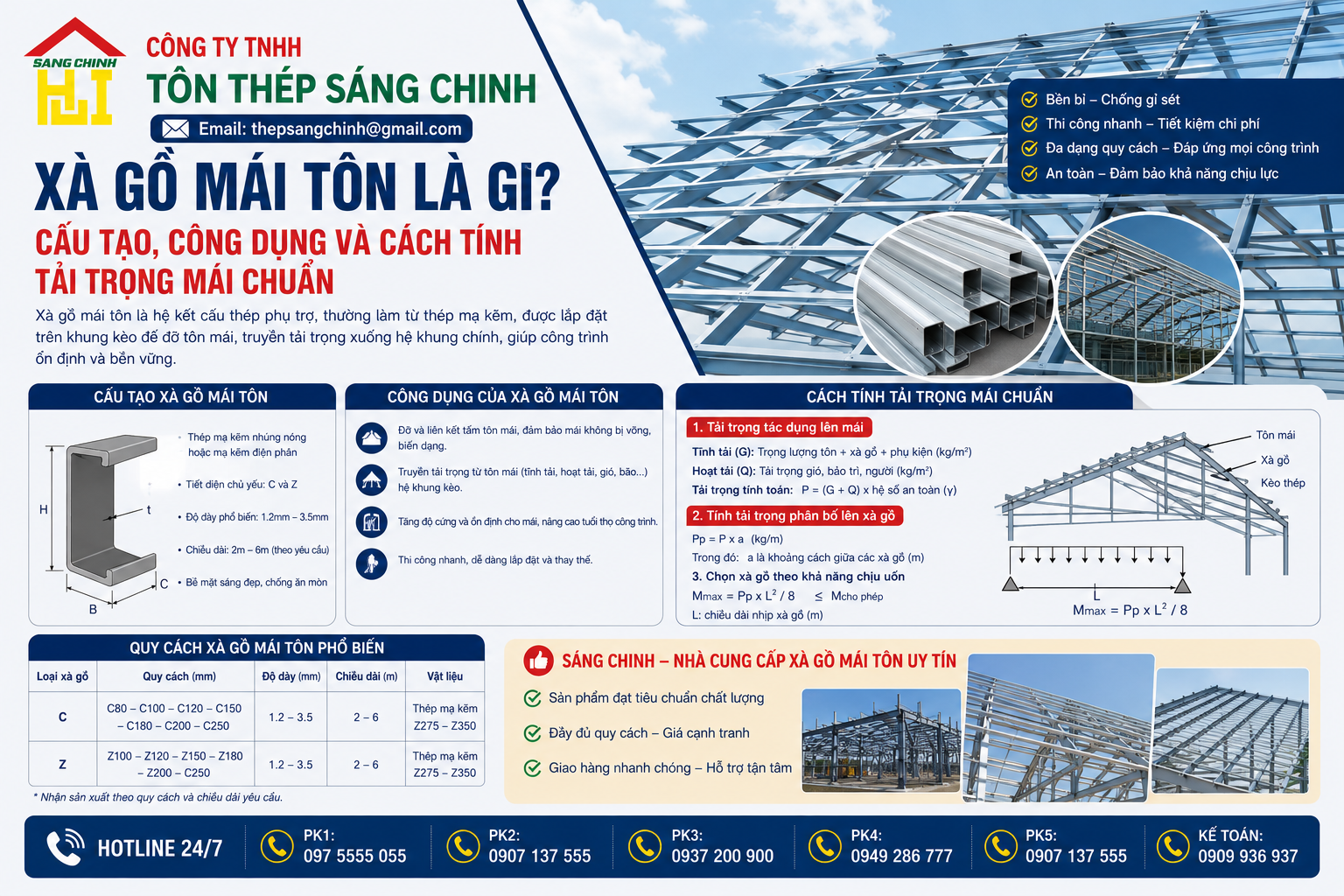 Xà gồ mái tôn là gì? Cấu tạo, công dụng và cách tính tải trọng mái chuẩn
